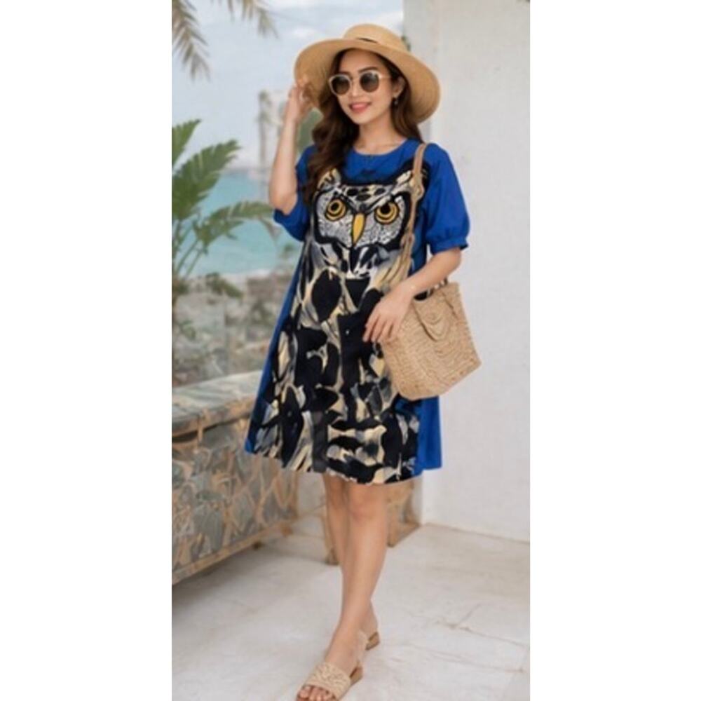 YODYOKO Owl and the Moon Hand Painted Art Dress Free Size NWT 100% Cotton - Picture 13 of 16
